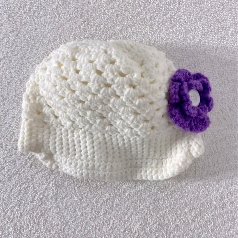 Handmade Cream Crochet Hat With Purple Crochet Flower